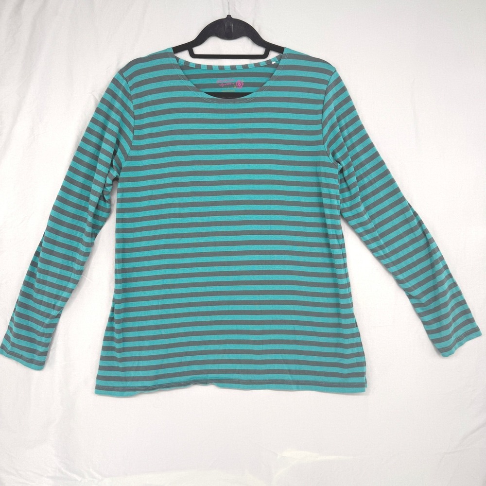 Gudrun Sjoden Teal Green Striped Organic Cotton Modal Long Sleeve Top Large
